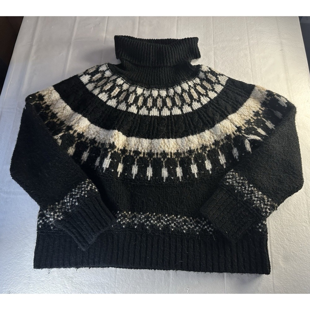 Old Navy Fair Isle Turtleneck Sweater Womens Large Black White Nordic Winter